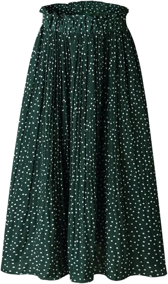HOULENGS Women's Casual Print Pleated Long Skirts Elastic High Waist Ruffle Maxi Skirt with Pockets