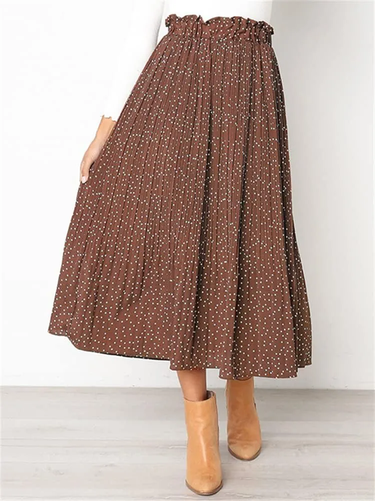 HOULENGS Women's Casual Print Pleated Long Skirts Elastic High Waist Ruffle Maxi Skirt with Pockets