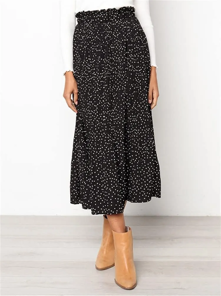 HOULENGS Women's Casual Print Pleated Long Skirts Elastic High Waist Ruffle Maxi Skirt with Pockets