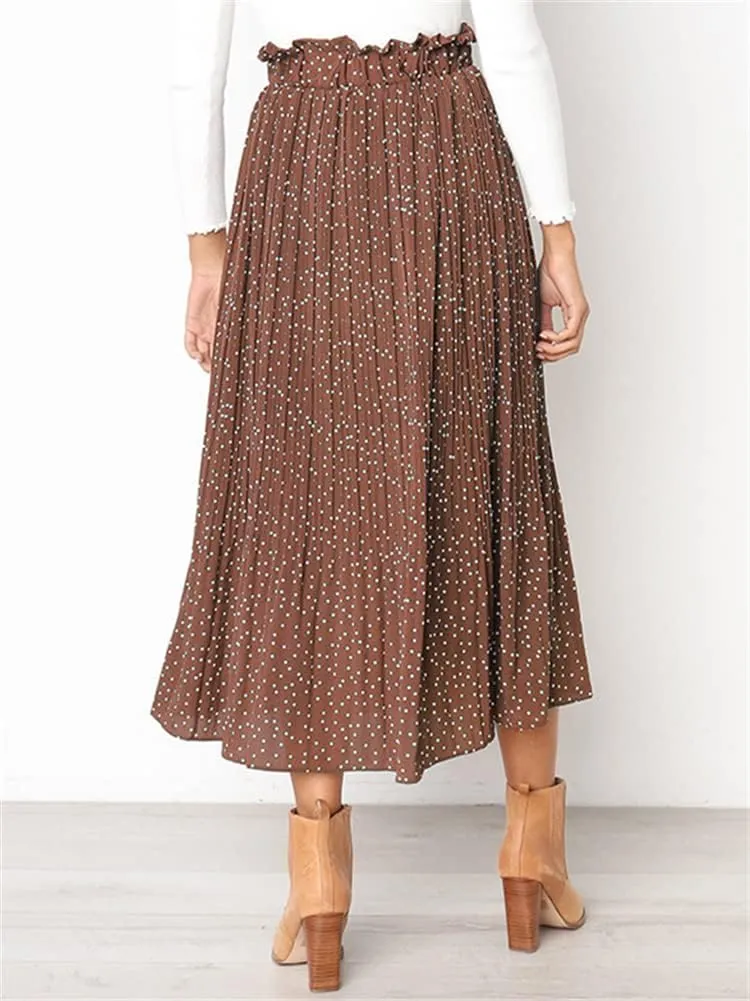 HOULENGS Women's Casual Print Pleated Long Skirts Elastic High Waist Ruffle Maxi Skirt with Pockets