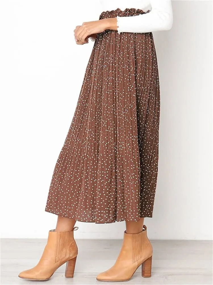 HOULENGS Women's Casual Print Pleated Long Skirts Elastic High Waist Ruffle Maxi Skirt with Pockets