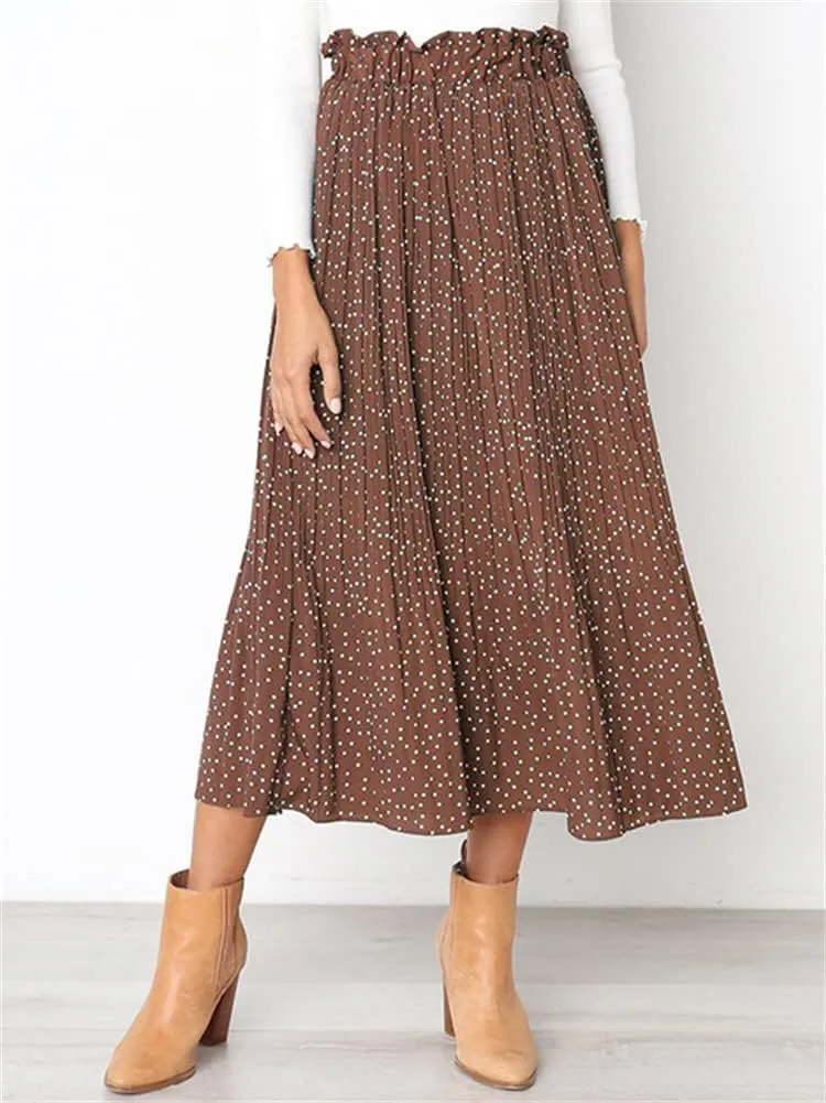 HOULENGS Women's Casual Print Pleated Long Skirts Elastic High Waist Ruffle Maxi Skirt with Pockets