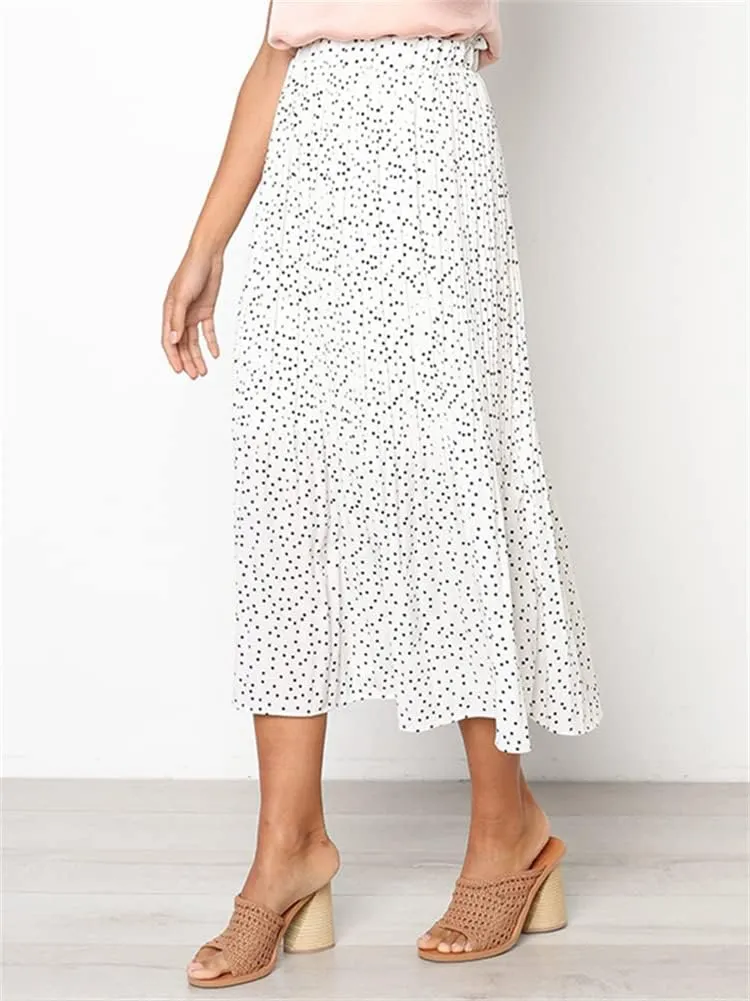 HOULENGS Women's Casual Print Pleated Long Skirts Elastic High Waist Ruffle Maxi Skirt with Pockets