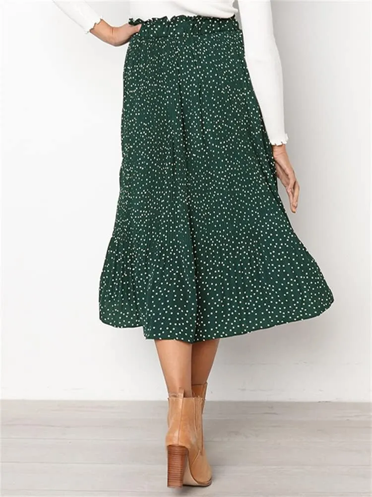 HOULENGS Women's Casual Print Pleated Long Skirts Elastic High Waist Ruffle Maxi Skirt with Pockets