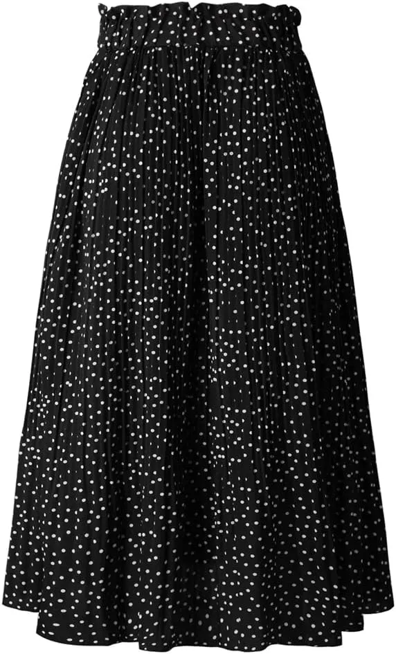HOULENGS Women's Casual Print Pleated Long Skirts Elastic High Waist Ruffle Maxi Skirt with Pockets