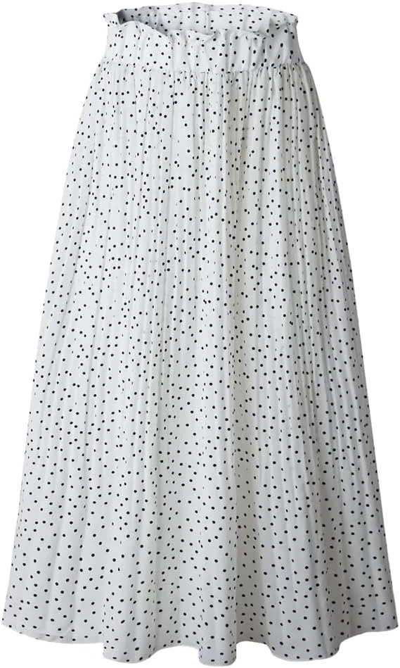 HOULENGS Women's Casual Print Pleated Long Skirts Elastic High Waist Ruffle Maxi Skirt with Pockets