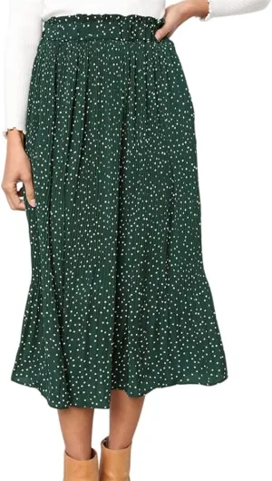 HOULENGS Women's Casual Print Pleated Long Skirts Elastic High Waist Ruffle Maxi Skirt with Pockets