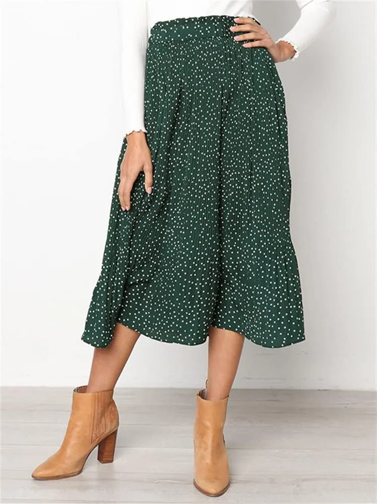 HOULENGS Women's Casual Print Pleated Long Skirts Elastic High Waist Ruffle Maxi Skirt with Pockets