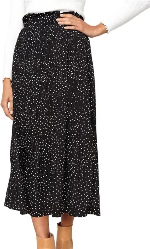 HOULENGS Women's Casual Print Pleated Long Skirts Elastic High Waist Ruffle Maxi Skirt with Pockets
