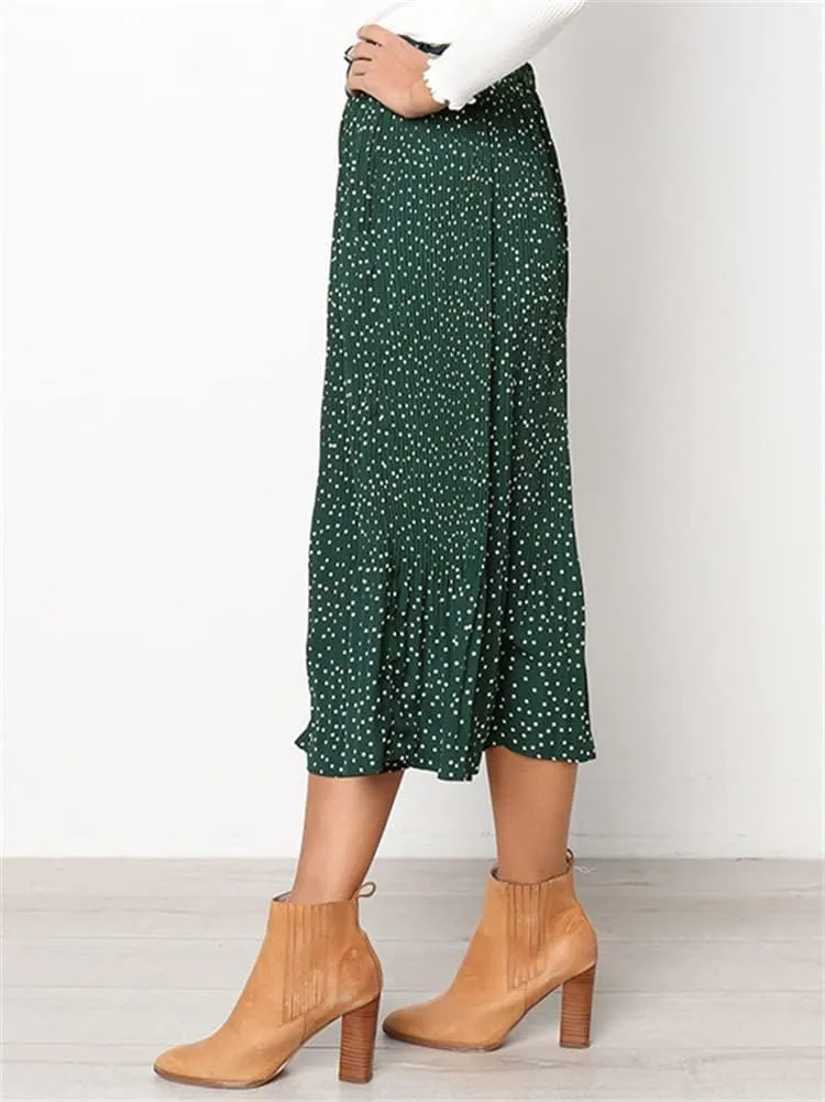 HOULENGS Women's Casual Print Pleated Long Skirts Elastic High Waist Ruffle Maxi Skirt with Pockets
