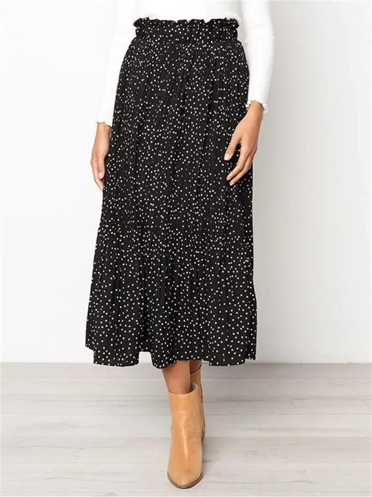 HOULENGS Women's Casual Print Pleated Long Skirts Elastic High Waist Ruffle Maxi Skirt with Pockets