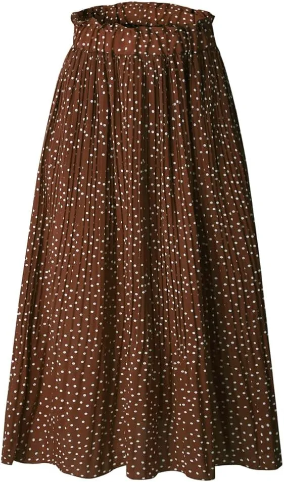 HOULENGS Women's Casual Print Pleated Long Skirts Elastic High Waist Ruffle Maxi Skirt with Pockets