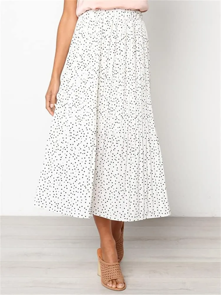 HOULENGS Women's Casual Print Pleated Long Skirts Elastic High Waist Ruffle Maxi Skirt with Pockets