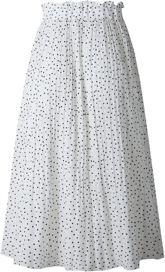 HOULENGS Women's Casual Print Pleated Long Skirts Elastic High Waist Ruffle Maxi Skirt with Pockets