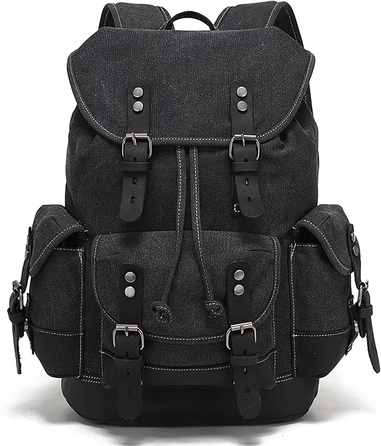 HuaChen Vintage Leather Backpack: Spacious Durable Canvas Rucksack for Men & Women, Perfect for Travel and College Life (M86_Black)
