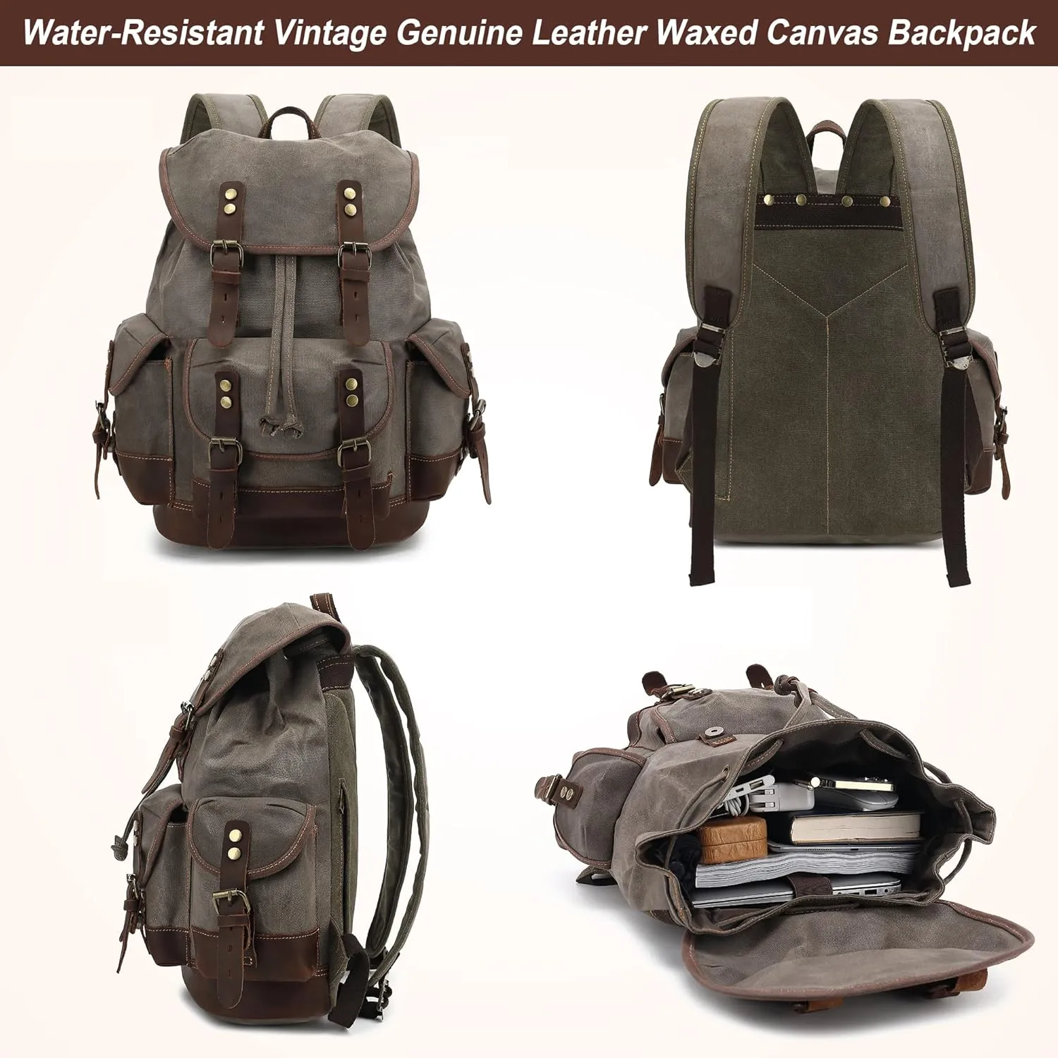 HuaChen Vintage Leather Backpack: Spacious Durable Canvas Rucksack for Men & Women, Perfect for Travel and College Life (M86_Black)