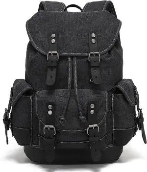 HuaChen Vintage Leather Backpack: Spacious Durable Canvas Rucksack for Men & Women, Perfect for Travel and College Life (M86_Black)