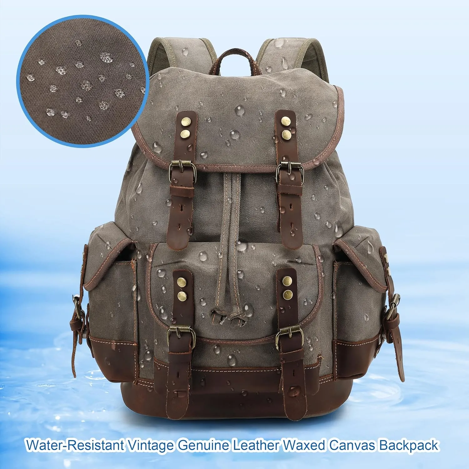 HuaChen Vintage Leather Backpack: Spacious Durable Canvas Rucksack for Men & Women, Perfect for Travel and College Life (M86_Black)