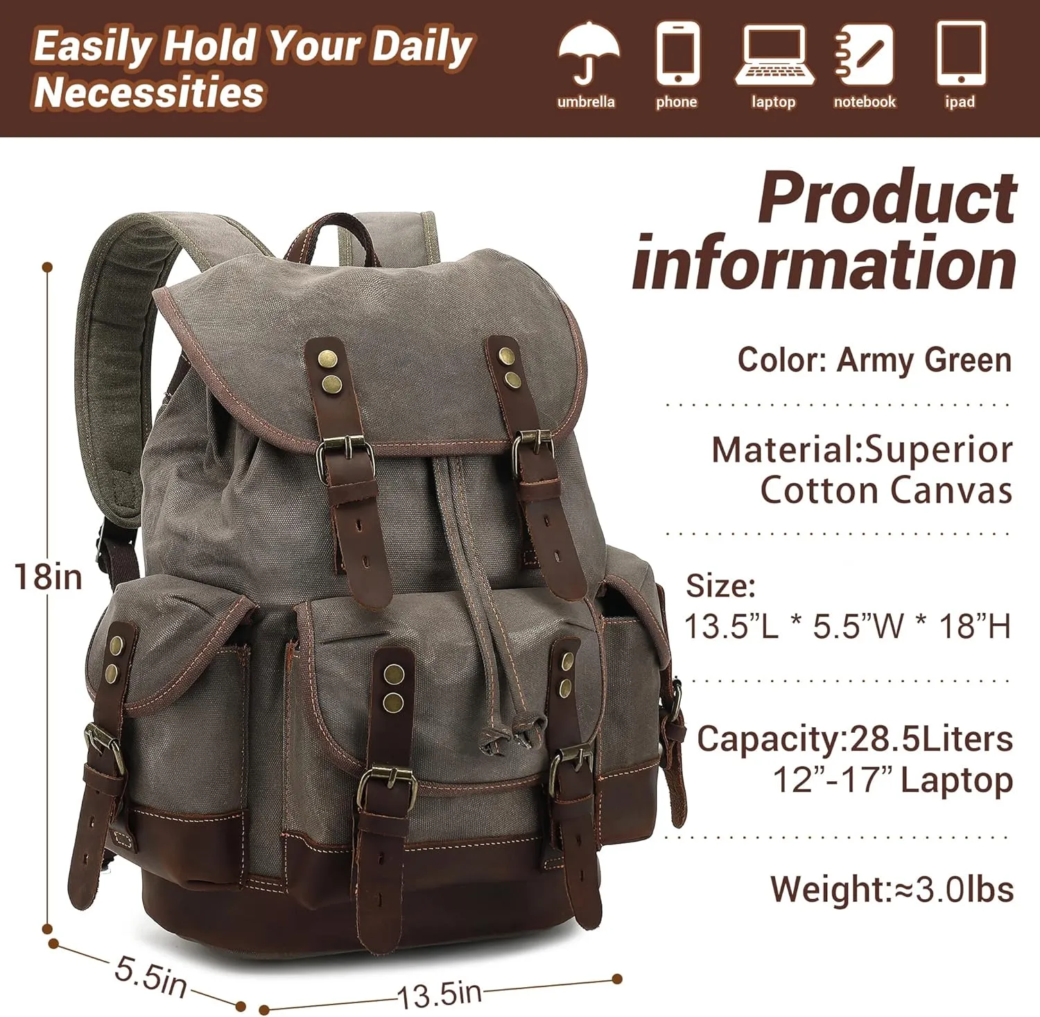 HuaChen Vintage Leather Backpack: Spacious Durable Canvas Rucksack for Men & Women, Perfect for Travel and College Life (M86_Black)