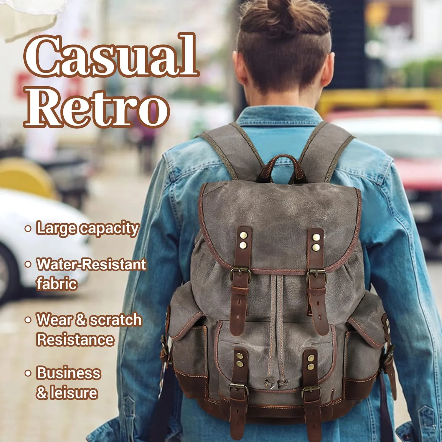 HuaChen Vintage Leather Backpack: Spacious Durable Canvas Rucksack for Men & Women, Perfect for Travel and College Life (M86_Black)