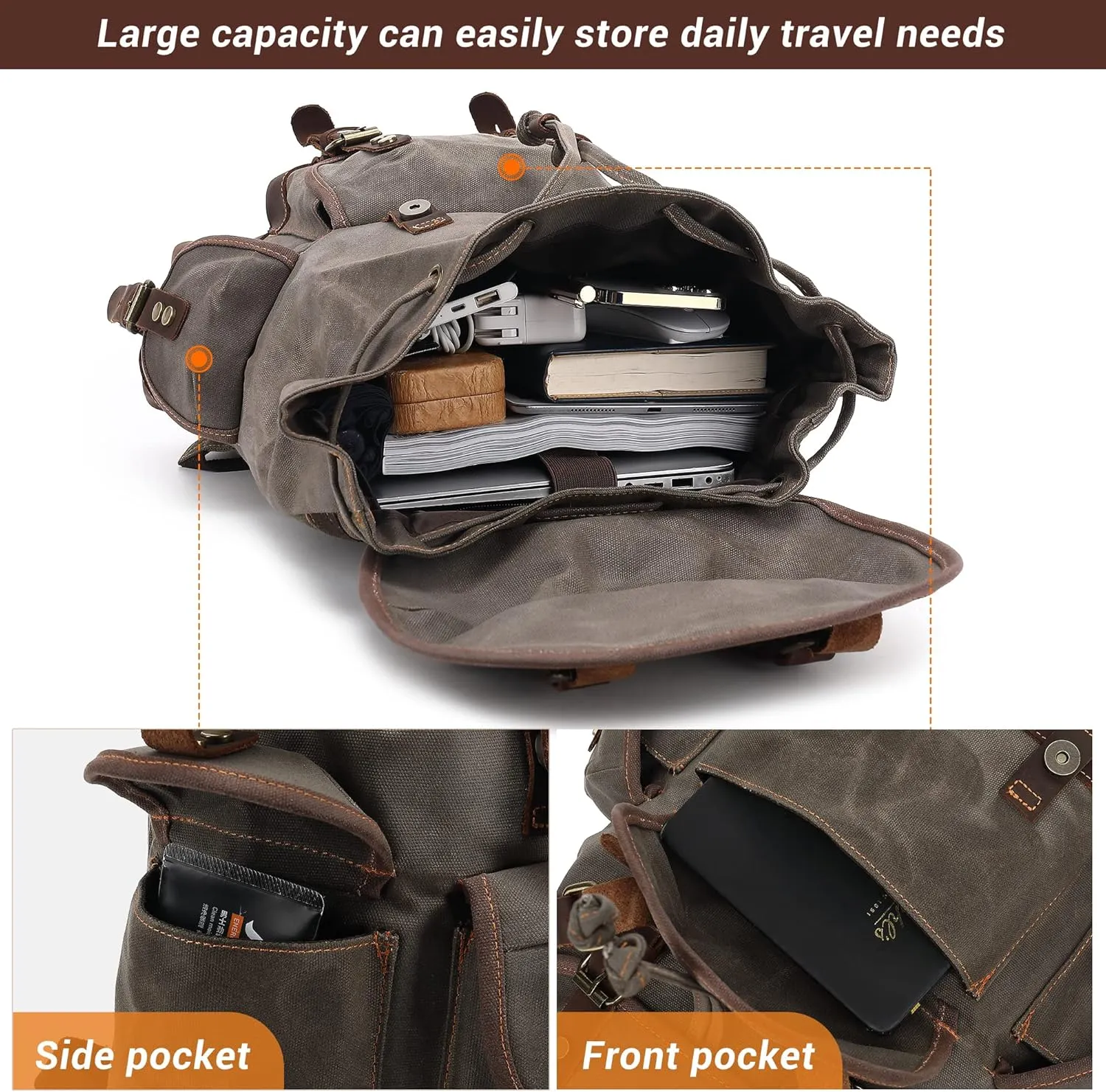 HuaChen Vintage Leather Backpack: Spacious Durable Canvas Rucksack for Men & Women, Perfect for Travel and College Life (M86_Black)