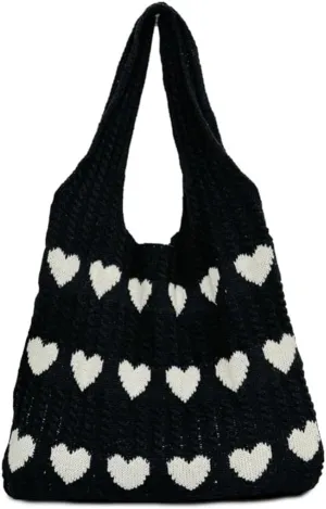 INFLAG Crochet Tote Bag Cute Heart Tote Bag Y2k Aesthetic Knit Love Bags Beach Tote Bag for Women, Accessories Shoulder Bag