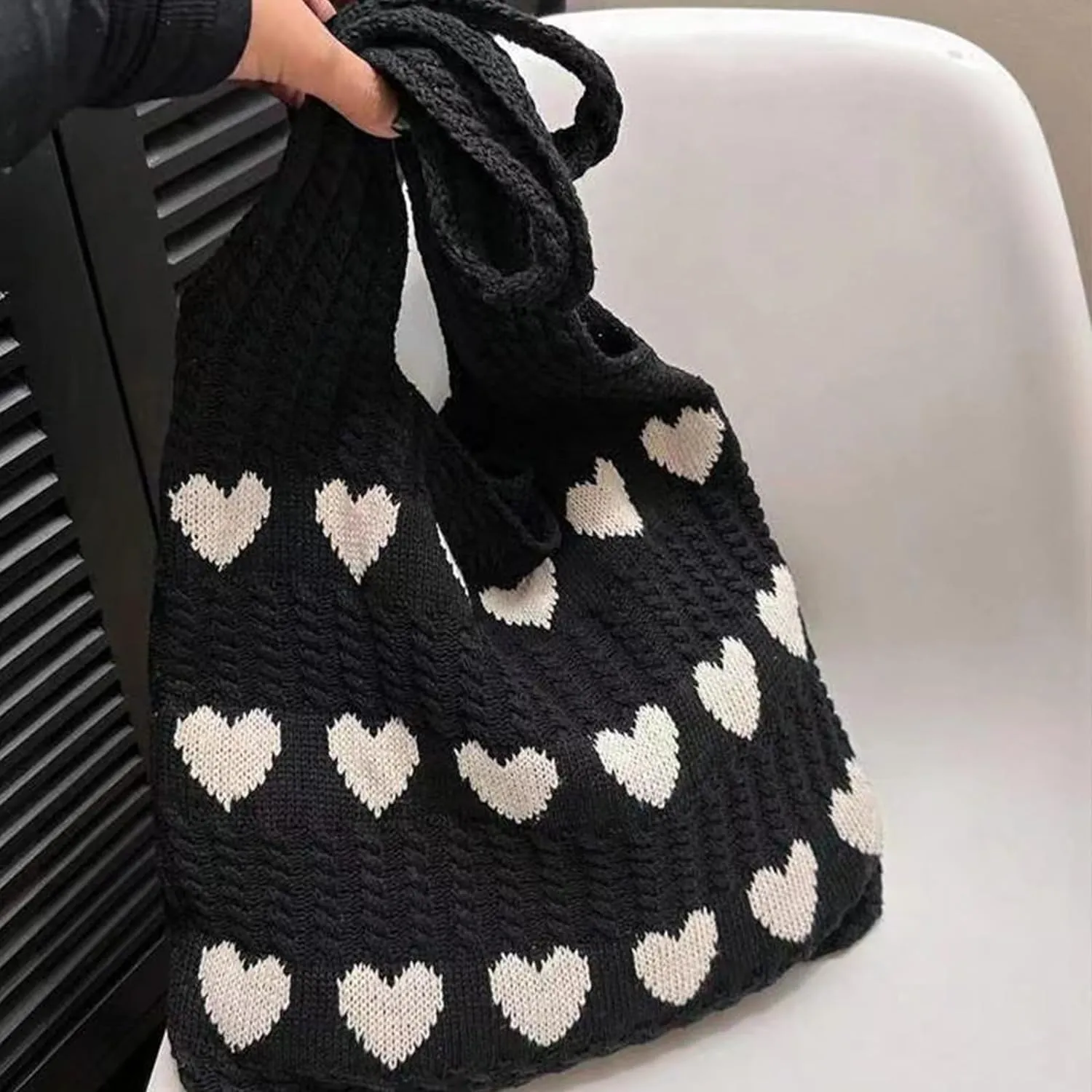 INFLAG Crochet Tote Bag Cute Heart Tote Bag Y2k Aesthetic Knit Love Bags Beach Tote Bag for Women, Accessories Shoulder Bag
