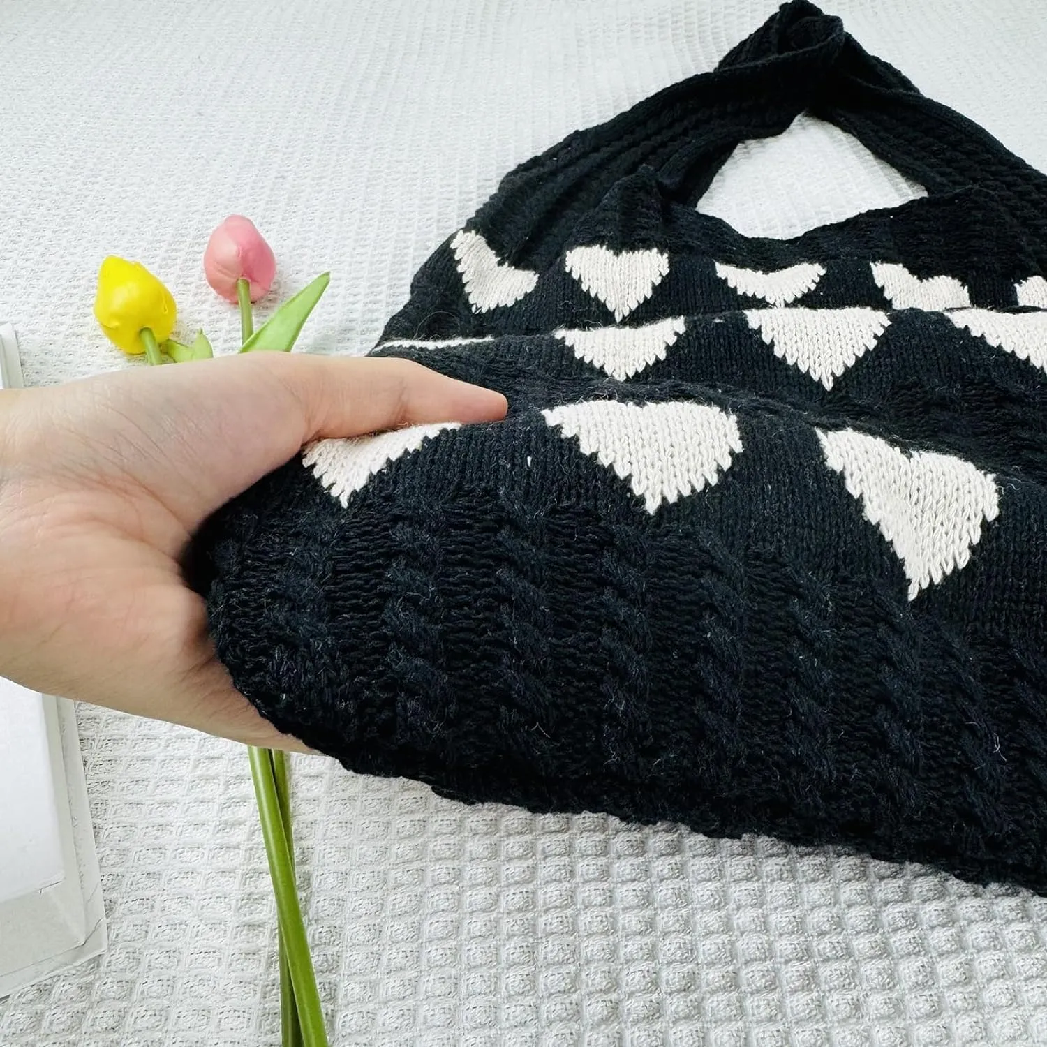 INFLAG Crochet Tote Bag Cute Heart Tote Bag Y2k Aesthetic Knit Love Bags Beach Tote Bag for Women, Accessories Shoulder Bag
