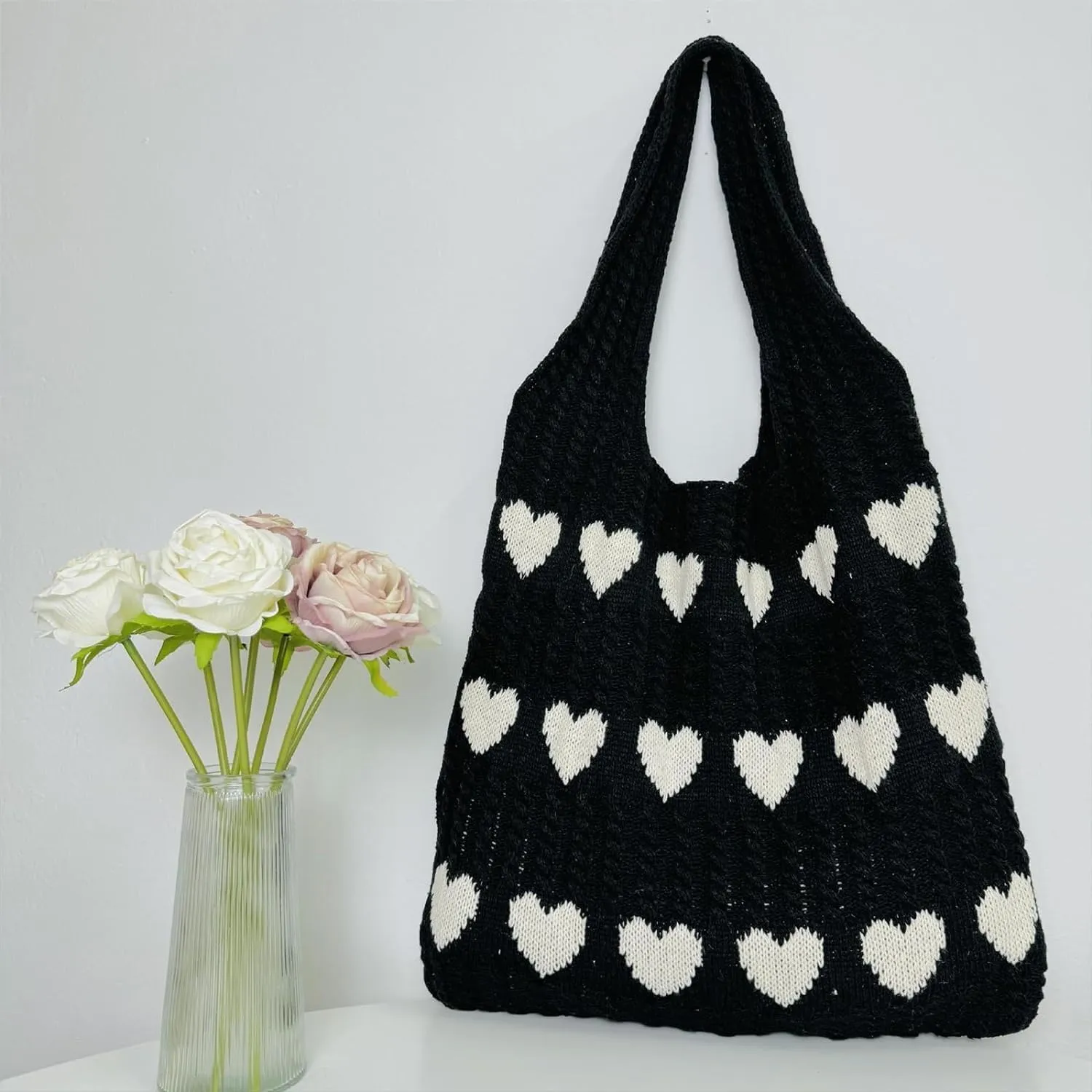 INFLAG Crochet Tote Bag Cute Heart Tote Bag Y2k Aesthetic Knit Love Bags Beach Tote Bag for Women, Accessories Shoulder Bag