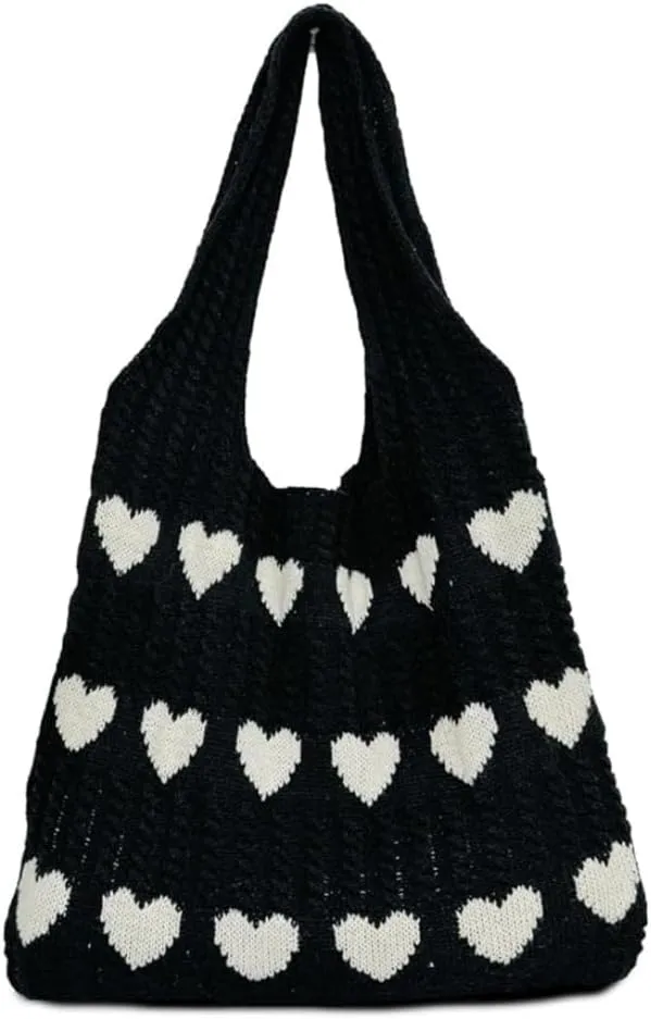 INFLAG Crochet Tote Bag Cute Heart Tote Bag Y2k Aesthetic Knit Love Bags Beach Tote Bag for Women, Accessories Shoulder Bag