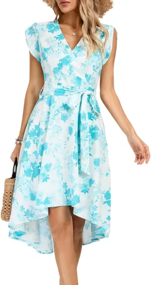 JASAMBAC Women's Floral High Low Dress for Wedding Guest Flowy Bohemian Empire Waist Swing Dress with Belt
