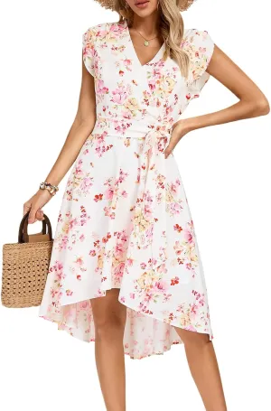 JASAMBAC Women's Floral High Low Dress for Wedding Guest Flowy Bohemian Empire Waist Swing Dress with Belt