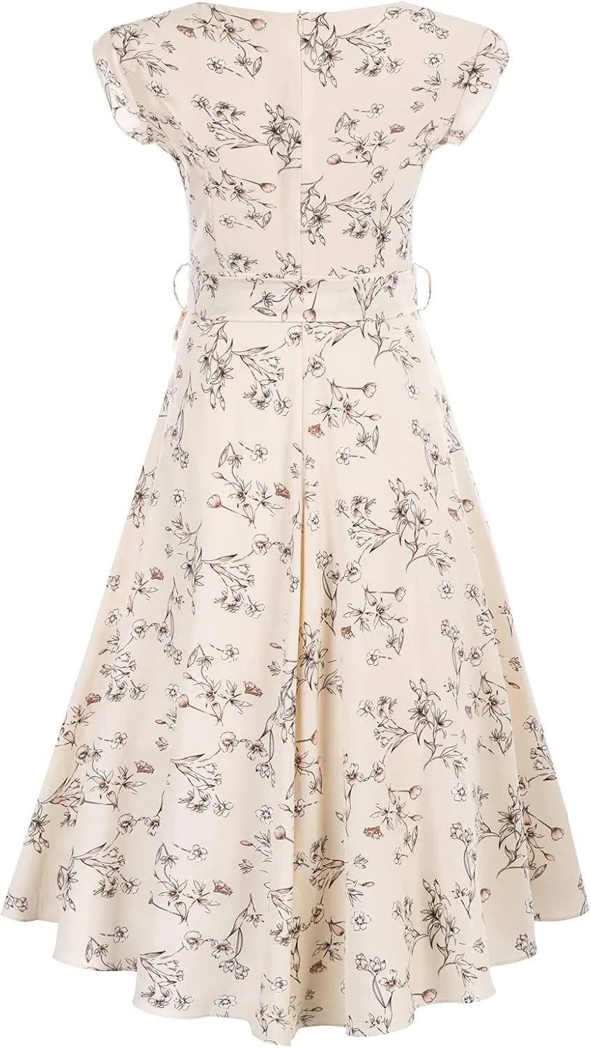 JASAMBAC Women's Floral High Low Dress for Wedding Guest Flowy Bohemian Empire Waist Swing Dress with Belt