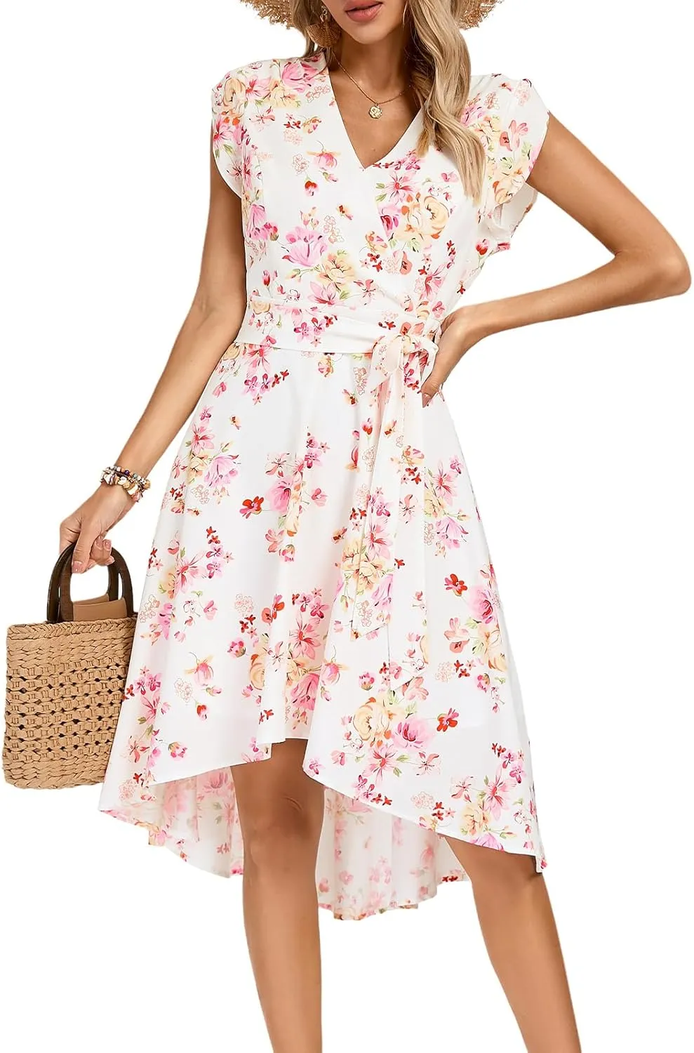 JASAMBAC Women's Floral High Low Dress for Wedding Guest Flowy Bohemian Empire Waist Swing Dress with Belt