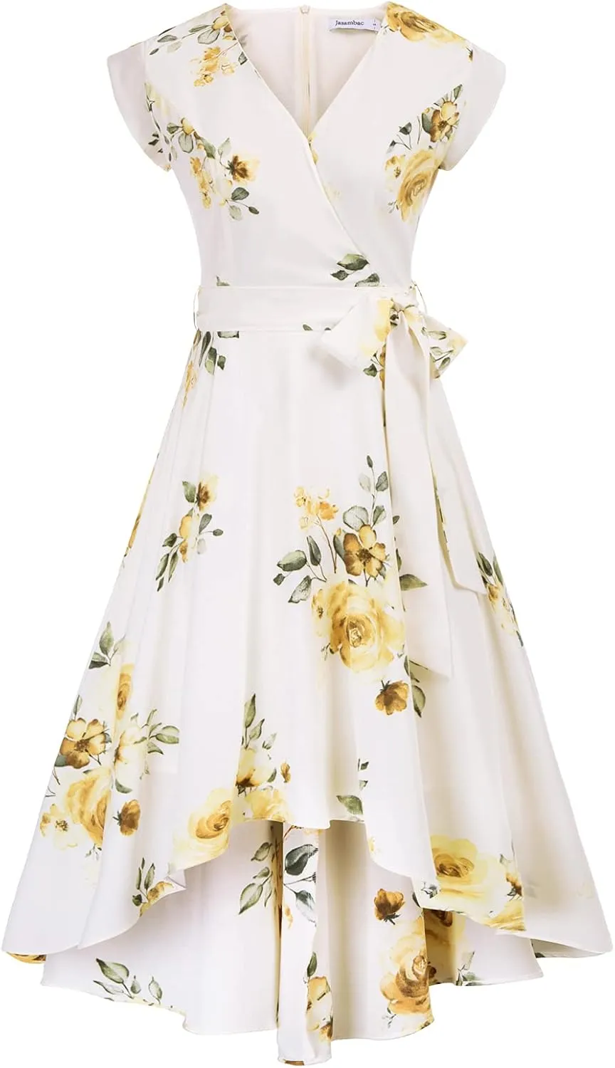 JASAMBAC Women's Floral High Low Dress for Wedding Guest Flowy Bohemian Empire Waist Swing Dress with Belt