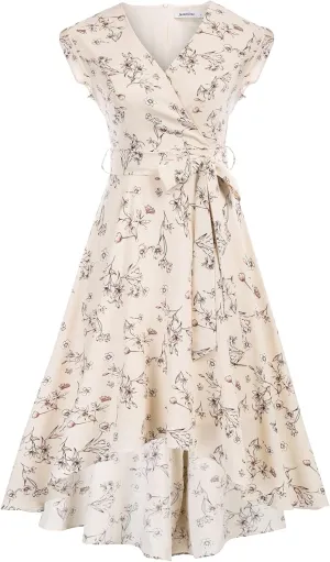 JASAMBAC Women's Floral High Low Dress for Wedding Guest Flowy Bohemian Empire Waist Swing Dress with Belt