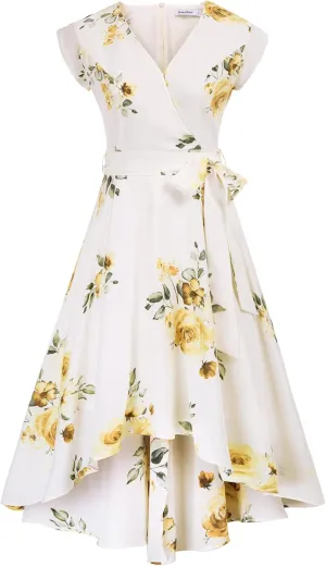 JASAMBAC Women's Floral High Low Dress for Wedding Guest Flowy Bohemian Empire Waist Swing Dress with Belt