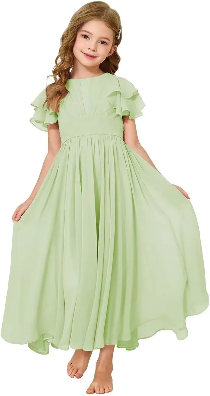 JISISANG Flower Girl Maxi Dress for Wedding Bridesmaids Flowy Chiffon Teens Ruffle Sleeve Formal Party Pageant Gown