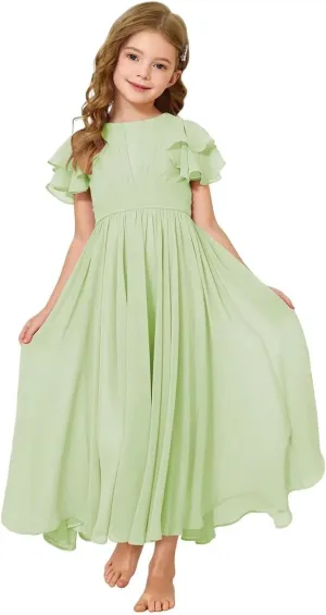 JISISANG Flower Girl Maxi Dress for Wedding Bridesmaids Flowy Chiffon Teens Ruffle Sleeve Formal Party Pageant Gown