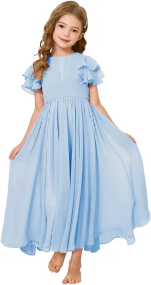 JISISANG Flower Girl Maxi Dress for Wedding Bridesmaids Flowy Chiffon Teens Ruffle Sleeve Formal Party Pageant Gown