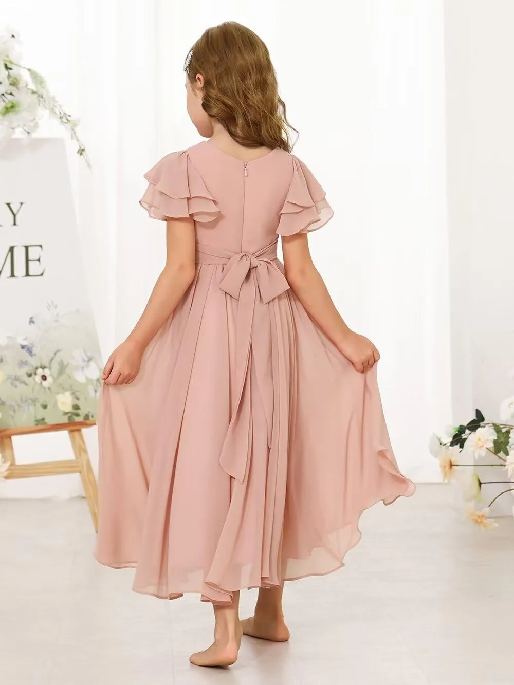 JISISANG Flower Girl Maxi Dress for Wedding Bridesmaids Flowy Chiffon Teens Ruffle Sleeve Formal Party Pageant Gown