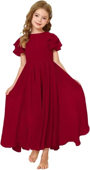 JISISANG Flower Girl Maxi Dress for Wedding Bridesmaids Flowy Chiffon Teens Ruffle Sleeve Formal Party Pageant Gown