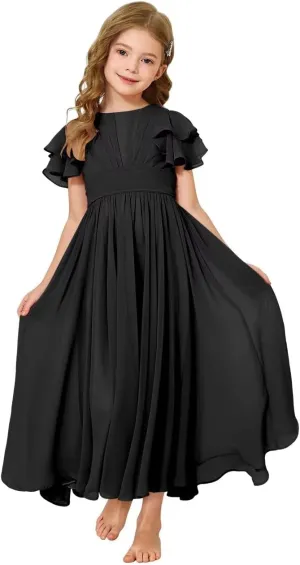 JISISANG Flower Girl Maxi Dress for Wedding Bridesmaids Flowy Chiffon Teens Ruffle Sleeve Formal Party Pageant Gown