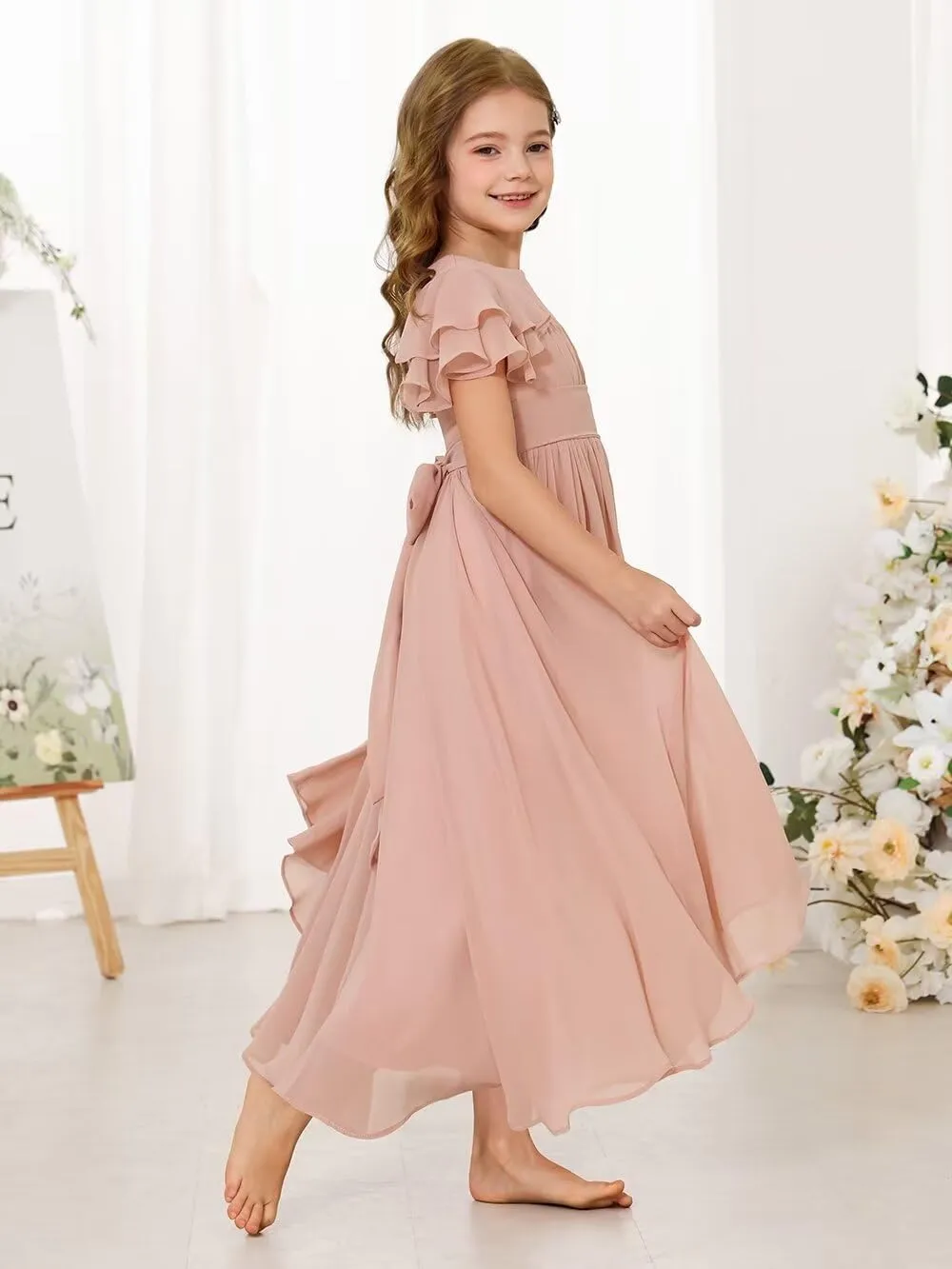 JISISANG Flower Girl Maxi Dress for Wedding Bridesmaids Flowy Chiffon Teens Ruffle Sleeve Formal Party Pageant Gown
