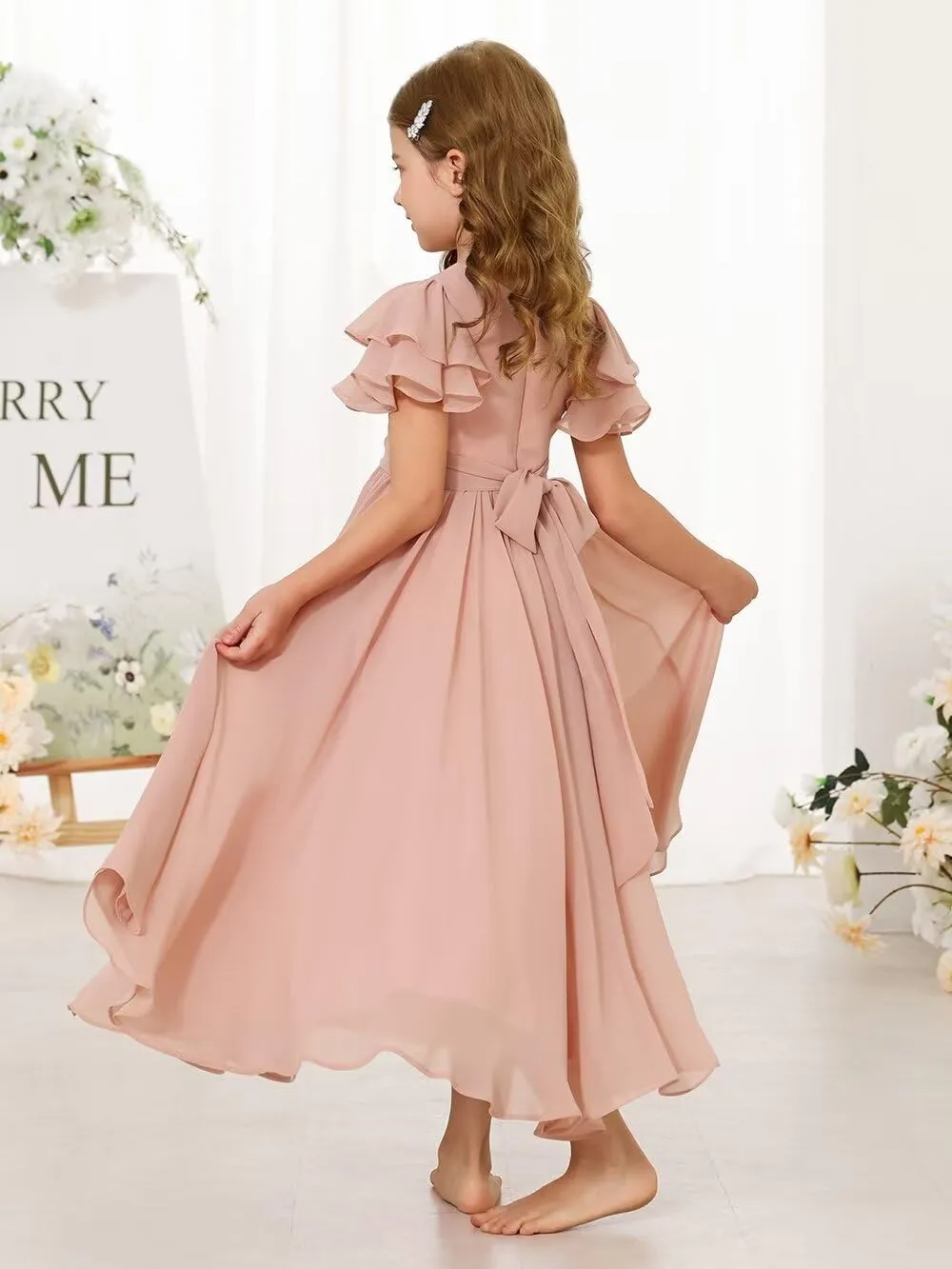 JISISANG Flower Girl Maxi Dress for Wedding Bridesmaids Flowy Chiffon Teens Ruffle Sleeve Formal Party Pageant Gown