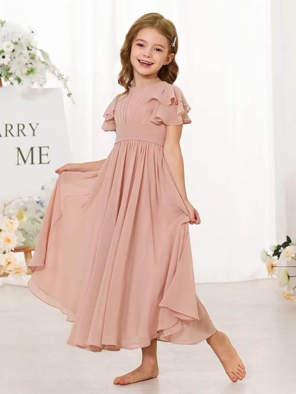 JISISANG Flower Girl Maxi Dress for Wedding Bridesmaids Flowy Chiffon Teens Ruffle Sleeve Formal Party Pageant Gown