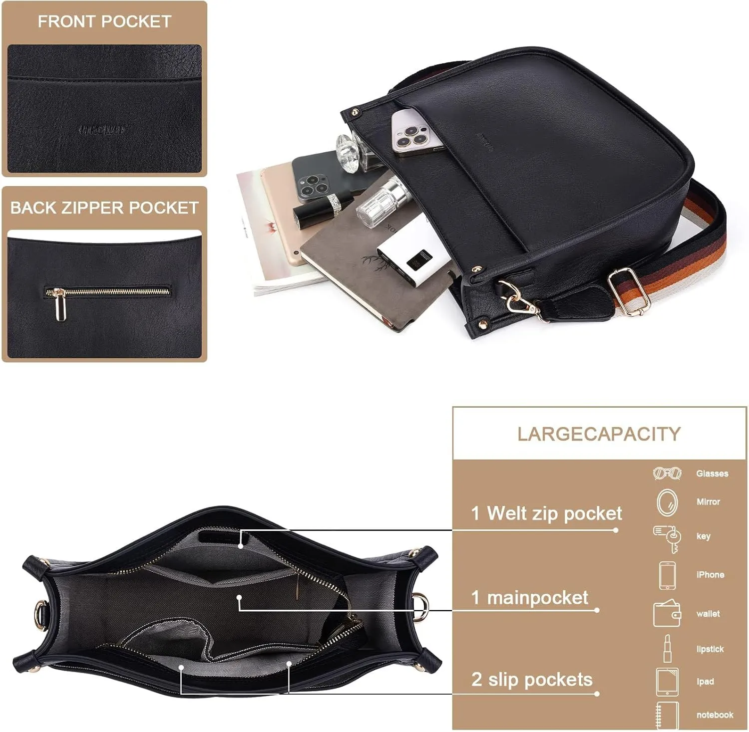 JONON Crossbody Bags for Women Trendy Vegan Leather Hobo Purses Shoulder Handbags With Wide Shoulder Strap