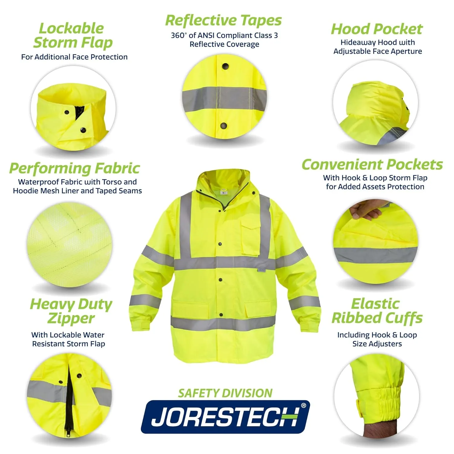 JORESTECH Safety Rain Jacket Waterproof Reflective High Visibility with Interior Mesh Yellow/Lime ANSI Class 3 Level 2 Type R JK-03 (S)