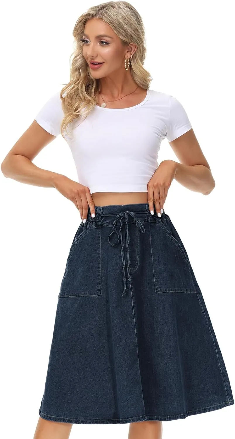 KANCY KOLE Women Casual Denim Skirts Frill Tie Waist A-Line Midi Jean Skirt with Pockets S-XXL
