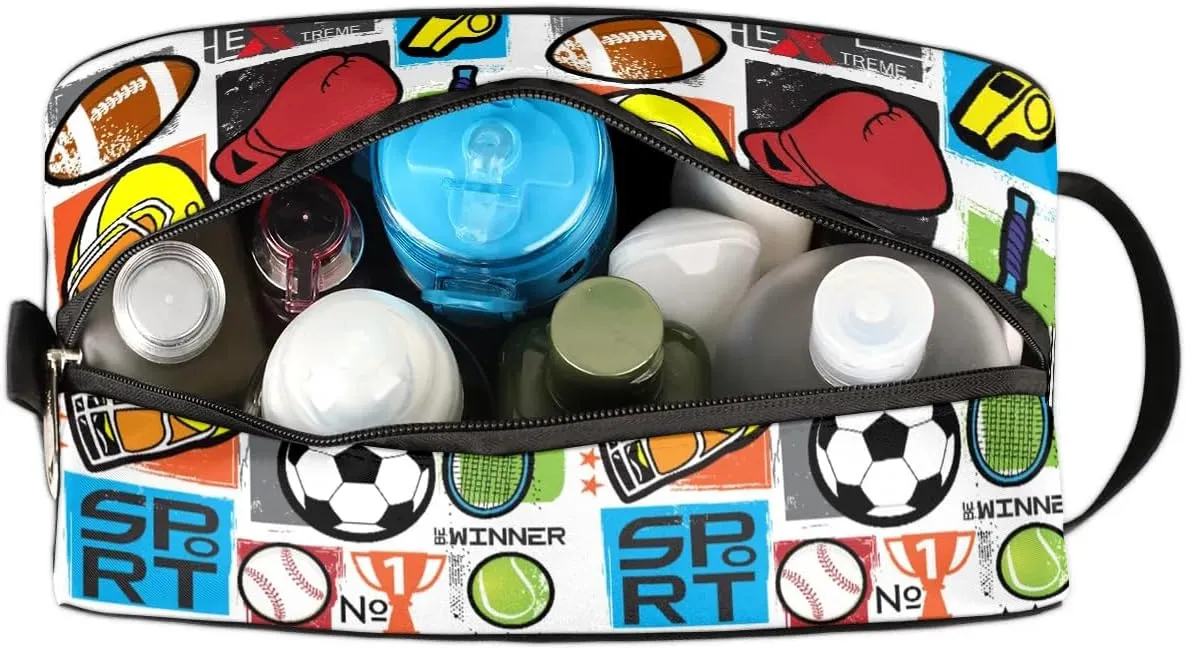 Kids Travel Toiletry Bag for Boys, Football Soccer Waterproof Hanging Dopp Kit Wash Bag with Large Capacity for Travel, Sports, Shower